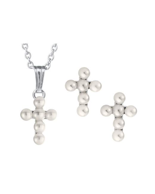 Mignonette Cultured Pearl Cross Pendant Necklace Earrings Set in at
