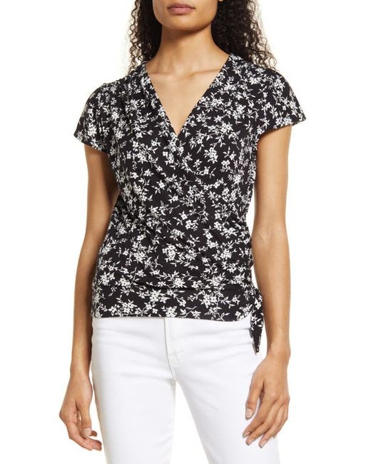 Loveappella Floral Print Faux Wrap Top in at