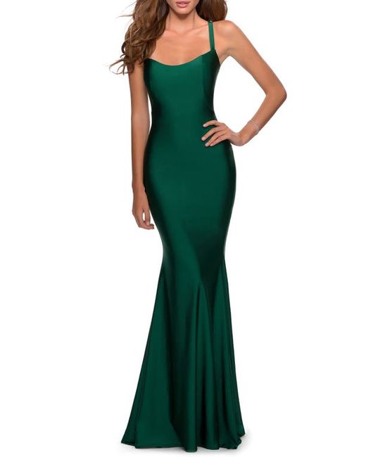 La Femme Lace Up Back Jersey Mermaid Gown in at
