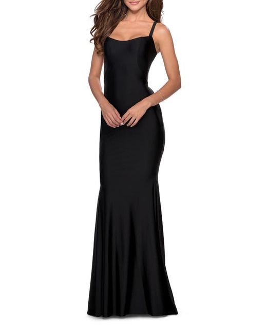 La Femme Lace Up Back Jersey Mermaid Gown in at