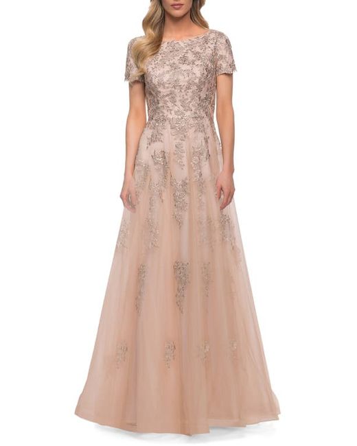La Femme Lace Tulle A-Line Gown in at
