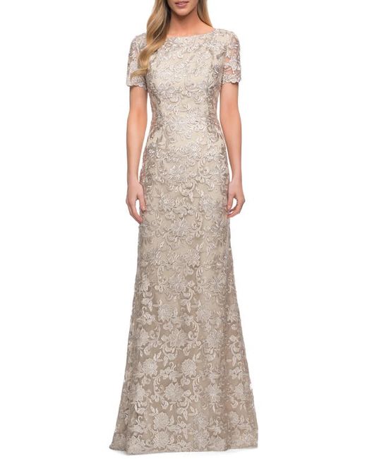 La Femme Lace Short Sleeve Sheath Gown in at