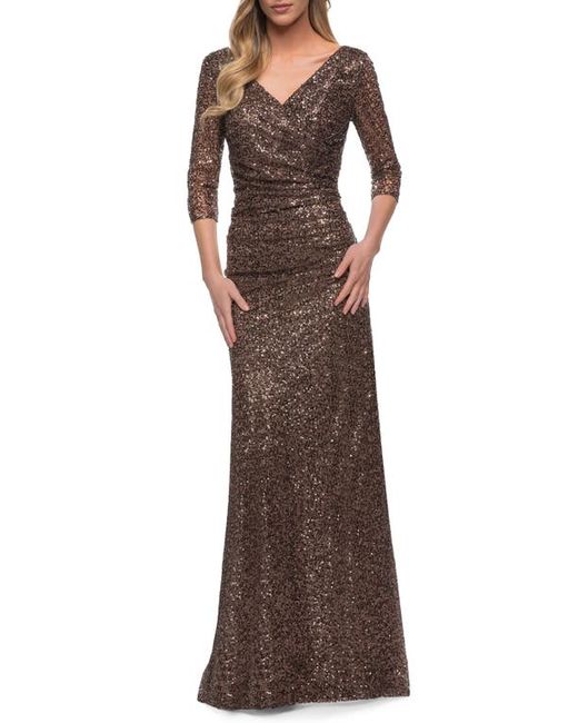 La Femme Ruched Sequin Gown in at