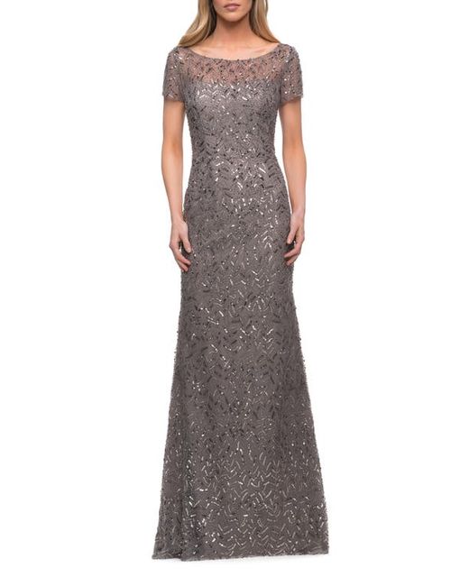 La Femme Sequin Short Sleeve Sheath Gown in at
