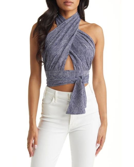Vici Collection Stripe Crop Cutout Crossover Halter Top in Navy/White at