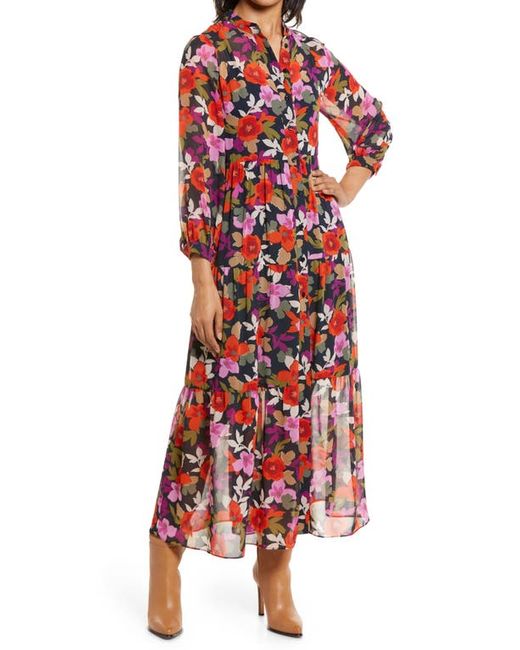 Maggy London Bold Floral Long Sleeve Maxi Shirtdress in Deep Navy/Flame at