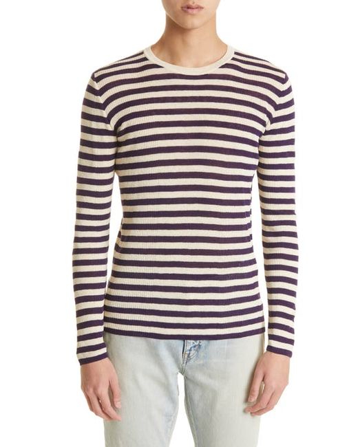 Saint Laurent Stripe Linen Silk Sweater in Natural/Violet at