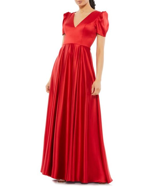 Mac Duggal Puff Sleeve Satin A-Line Gown in at