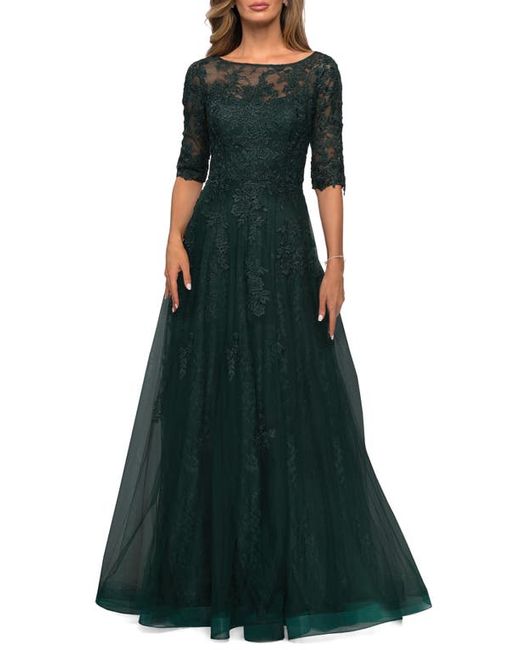 La Femme Floral Lace Tulle Gown in at