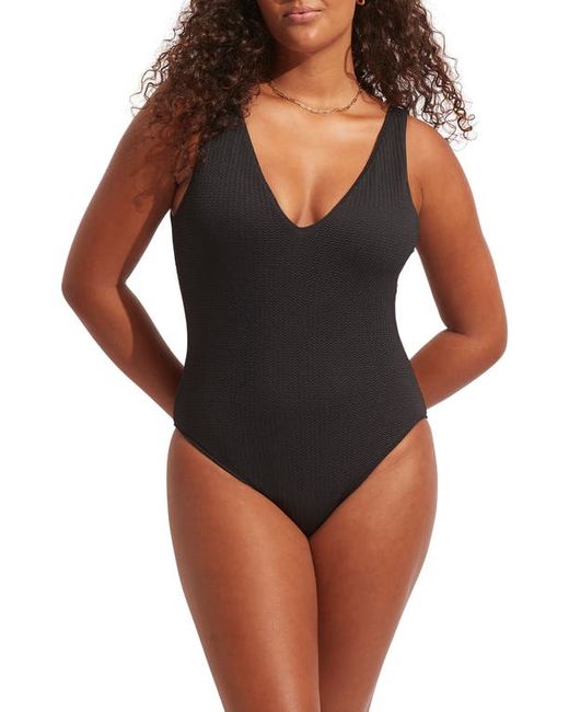 Seafolly Sea Dive Deep V-Neck One-Piece Swimsuit in at