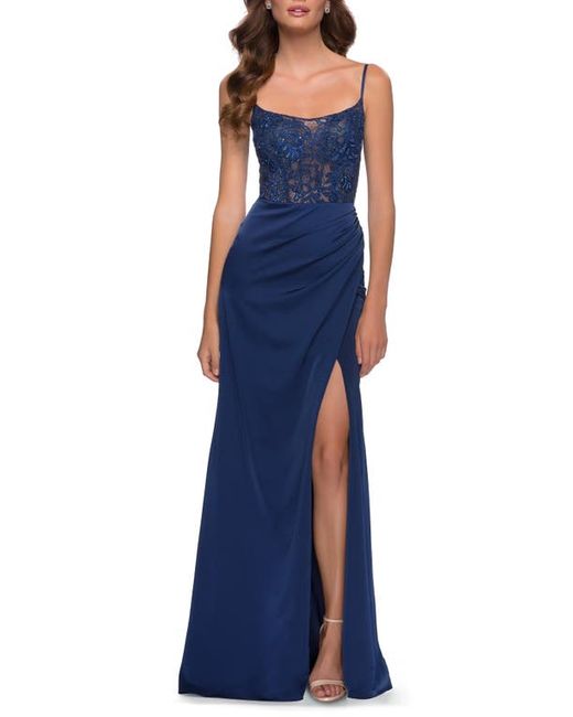 La Femme Lace Satin Gown in at