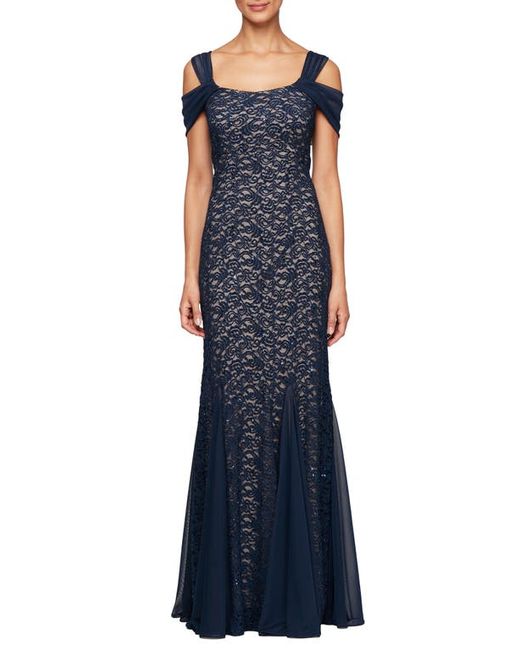 Alex Evenings Cold Shoulder Fit Flare Evening Gown in Navy/Nude at