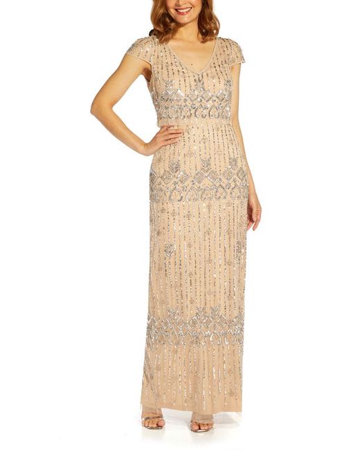 Adrianna Papell Beaded Popover Column Gown in Nude at