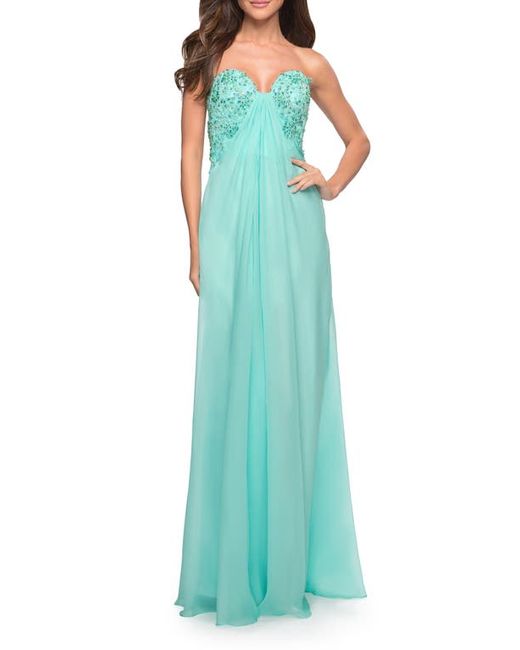 La Femme Beaded Lace Strapless Chiffon Gown in at