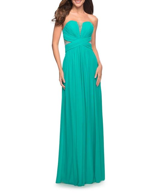 La Femme Stunning Beaded Strapless Mesh Jersey Gown in at