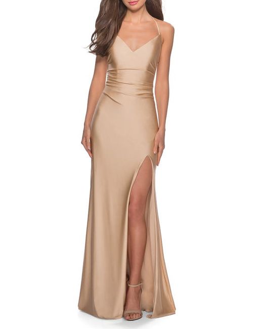La Femme Cross Back Satin Jersey Trumpet Gown in at