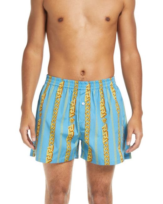 Versace First Line Versace Greca Chain Print Cotton Boxers in Sky/Gold at