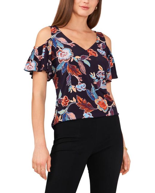 Chaus Ruffle Cold Shoulder Top in Navy/Multi at