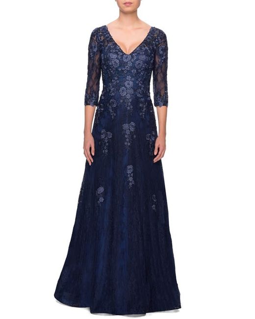La Femme Embroidered Lace Gown in at