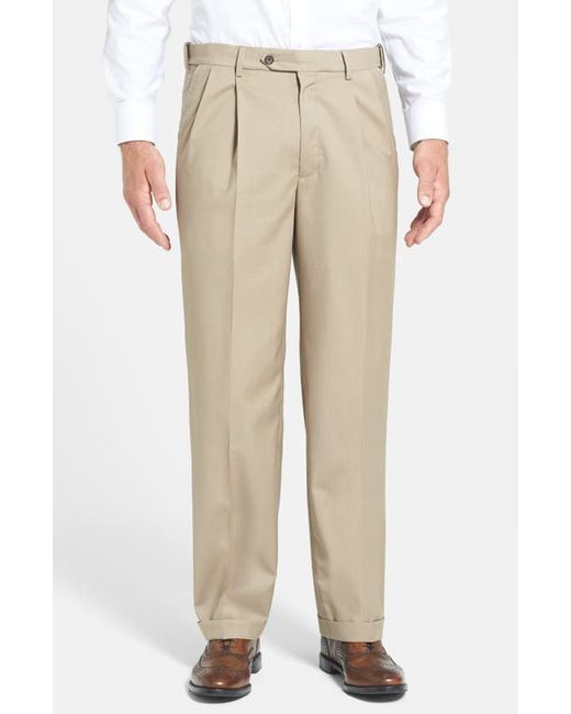 Berle Self Sizer Waist Pleated Lightweight Plain Weave Classic Fit Trousers in at