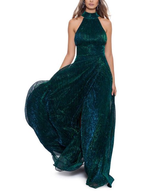 Betsy & Adam Halter Mock Neck Crinkle Faux Wrap Gown in at
