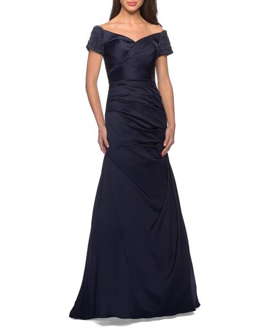 La Femme Off the Shoulder Beaded Satin Trumpet Gown in at
