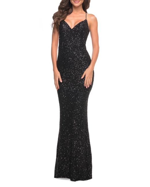La Femme Stretch Sequin Sleeveless Gown in at
