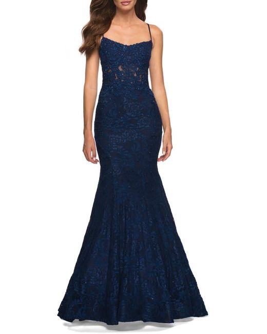 La Femme Stretch Lace Mermaid Gown in at