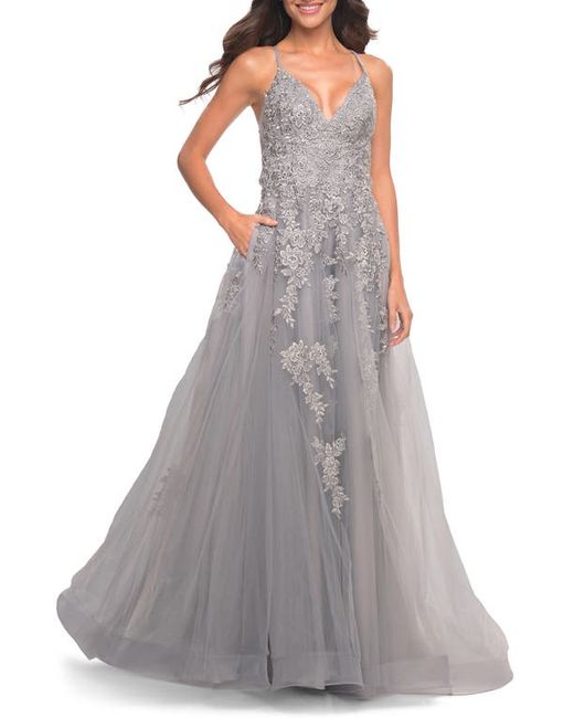 La Femme Lace Embroidered Ballgown in at