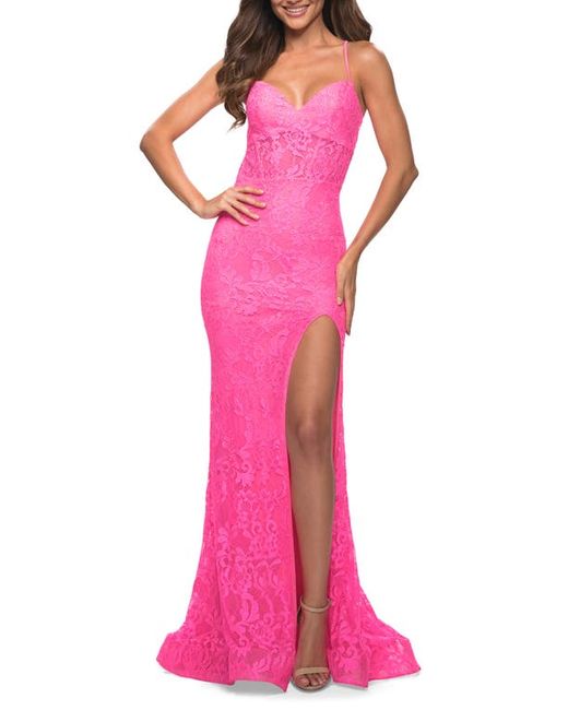 La Femme Strappy Back Stretch Lace Gown in at