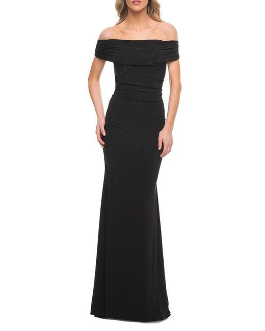 La Femme Off the Shoulder Beaded Sheath Gown in at