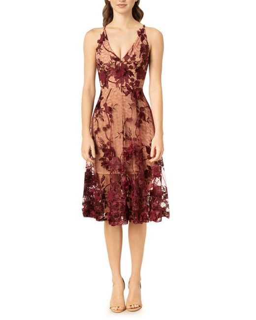Dress the population Audrey Embroidered Fit Flare Dress in Burgundy/Nude at