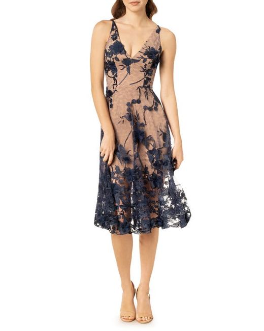 Dress the population Audrey Embroidered Fit Flare Dress in Navy/Nude at