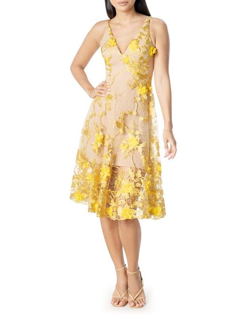Dress the population Audrey Embroidered Fit Flare Dress in Canary/Nude at