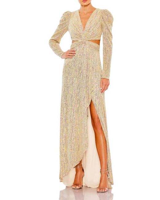 Ieena for Mac Duggal Sequin Puff Sleeve Cutout Gown in at