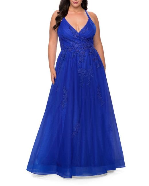 La Femme Embroidered Beaded Tulle Ballgown in at