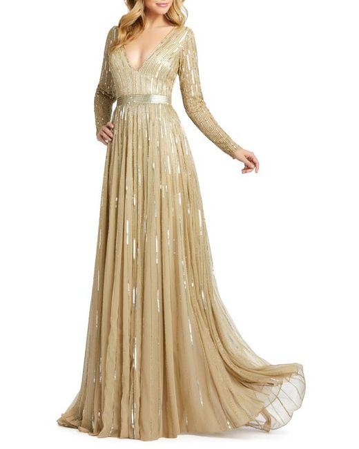 Mac Duggal Long Sleeve Sequin Bead Stripe Gown in at