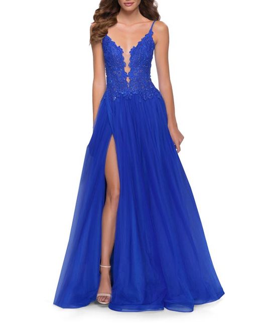 La Femme Floral Embroidered Illusion Plunge Tulle Ballgown in at