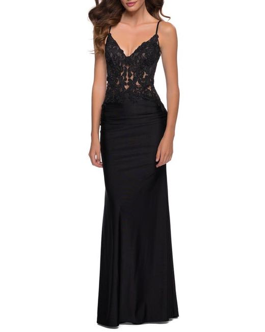 La Femme Shiny Lace Gown in at
