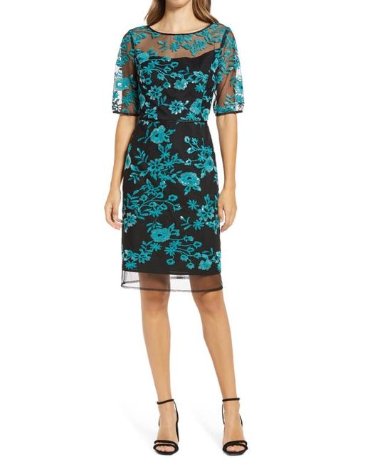 Shani Sequin Floral Embroidered Sheath Dress in Teal at