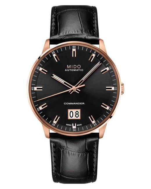 Mido Commander II Skeleton Leather Strap Watch in Black/Rose Gold at