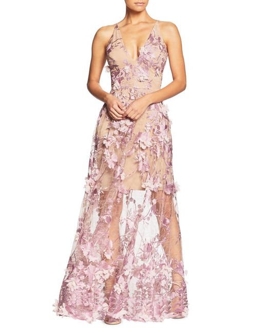 Dress the population Sidney Deep V-Neck 3D Lace Gown in Lilac/Nude at