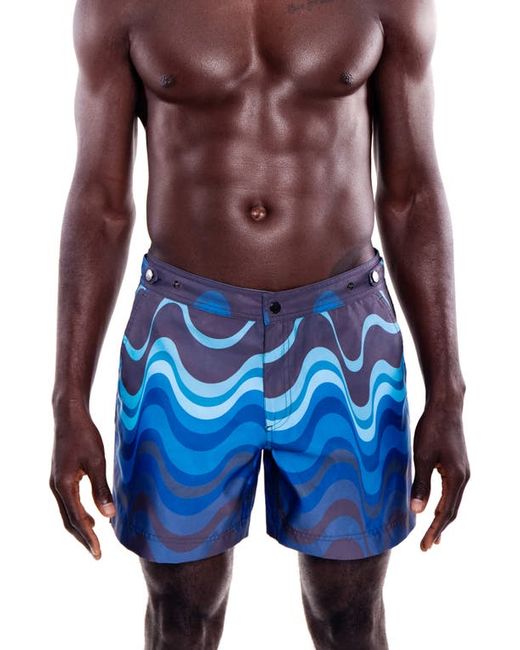 Prince & Bond Elvio Tailored Wave Print Hybrid Swim Trunks in at