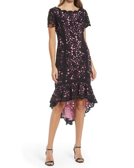 Shani Laser Cut Floral High-Low Cocktail Dress in Black at