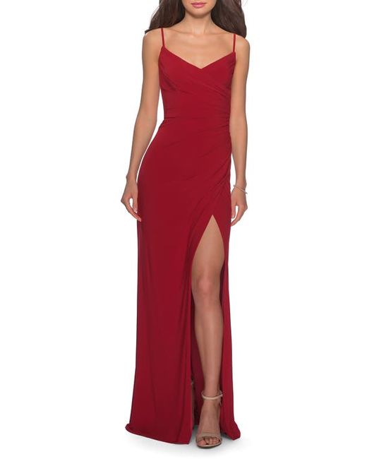 La Femme Ruched Jersey Trumpet Gown in at