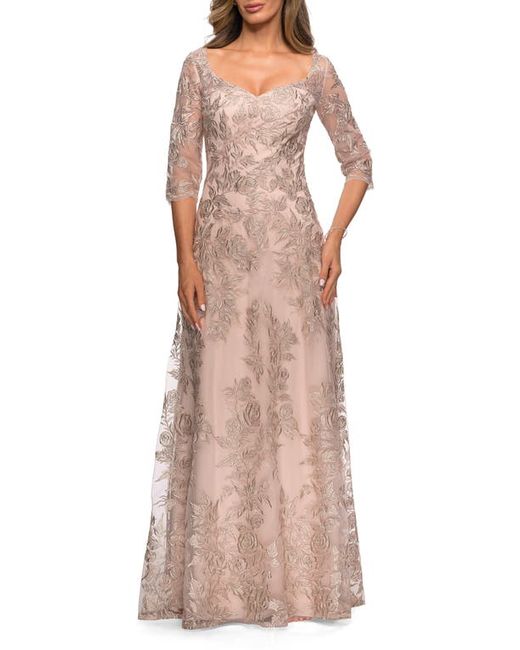 La Femme Embroidered Mesh A-Line Gown in at