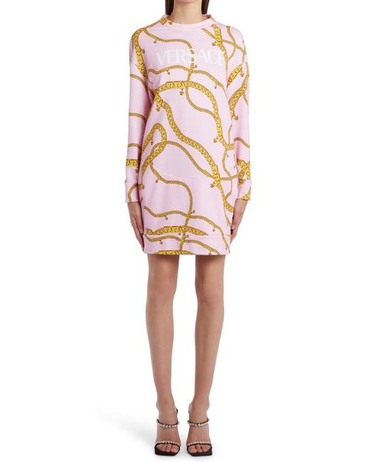 Versace First Line Versace Logo Chain Print Long Sleeve Sweatshirt Dress in Candy Gold at