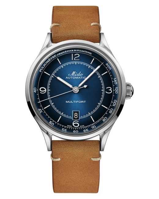 Mido Multifort Pulsemeter Automatic Leather Strap Watch 40mm in Brown/Blue at
