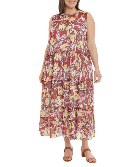 Maggy London Floral Print Tiered Maxi Dress in Wine/Blazing Orange at