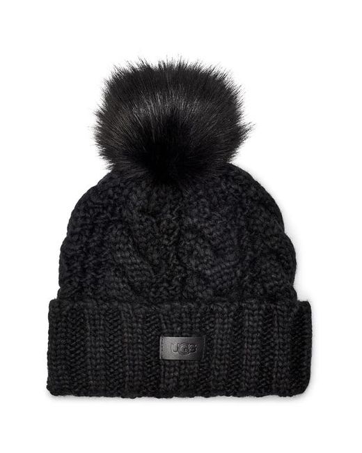 uggr UGGr Cable Knit Beanie with Faux Fur Pom in at